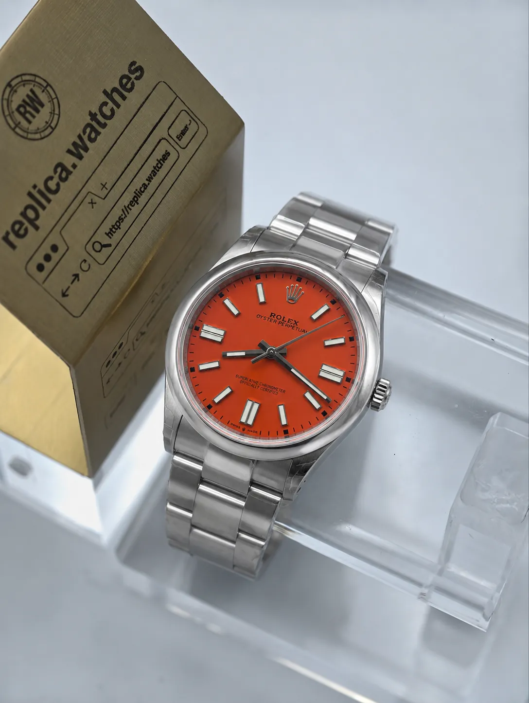 Replica Rolex Oyster Perpetual 41 M124300-0007 Coral Red Dial 3230 Movement Oyster Steel Watch VS Factory