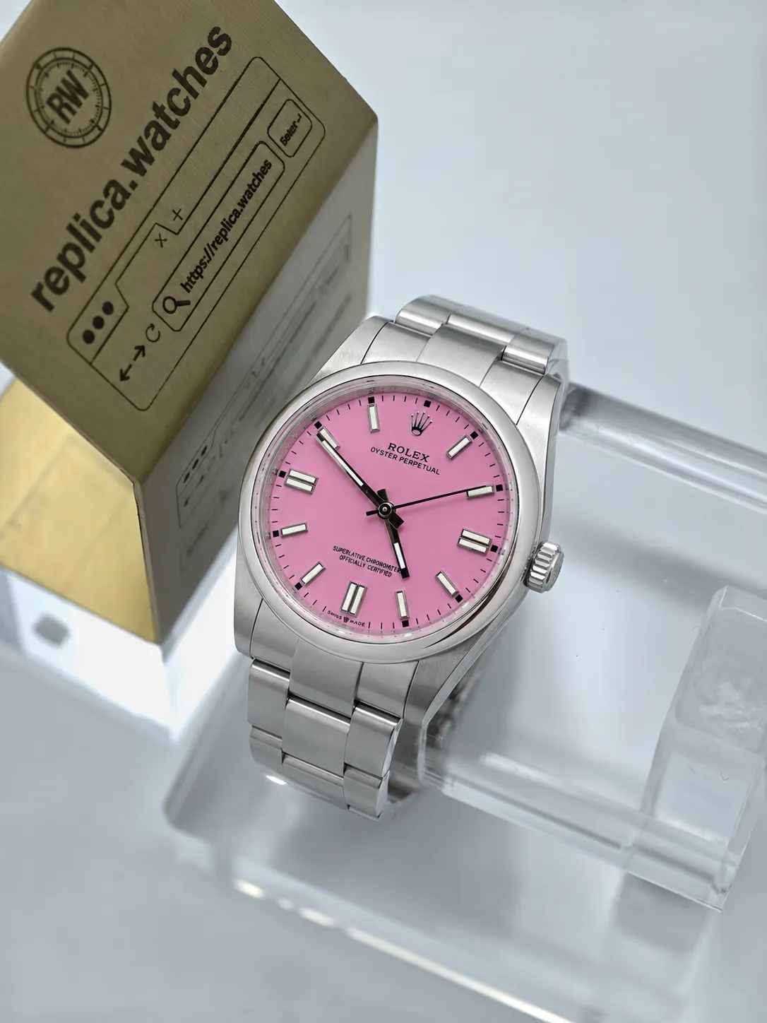 Super Clone Rolex Oyster Perpetual M126000-0008 36mm Pink Dial Luminous Baton Markers 904L Steel Oyster Watch