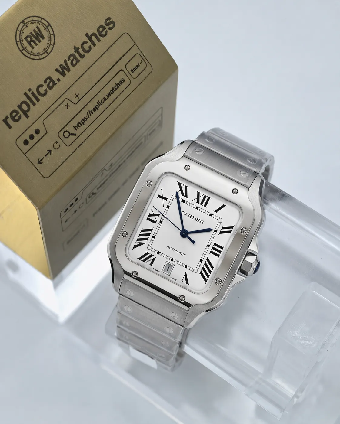Super Clone Cartier Santos WSSA0018 39.8mm Silver Opaline Dial Roman Numerals Blue Spinel Crown Steel Bracelet BV Factory Watch