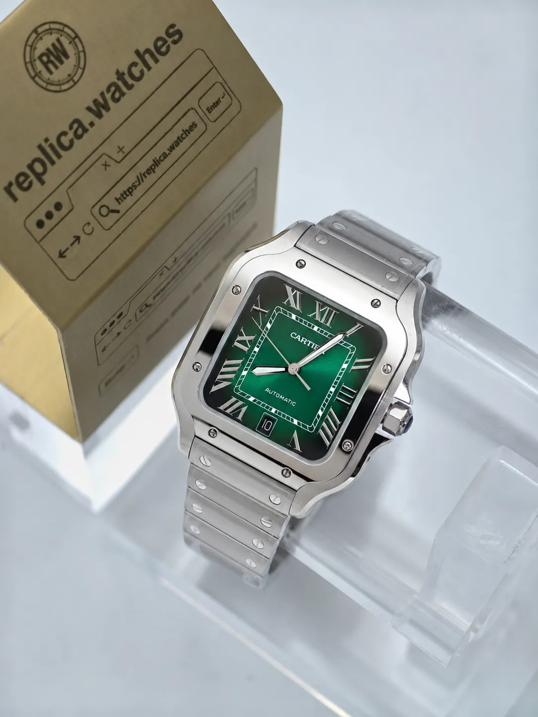 Super Clone Cartier Santos WSSA0062 39.8mm Gradient Green Sunburst Dial Luminous Hands Blue Spinel Crown Steel Watch BV Factory