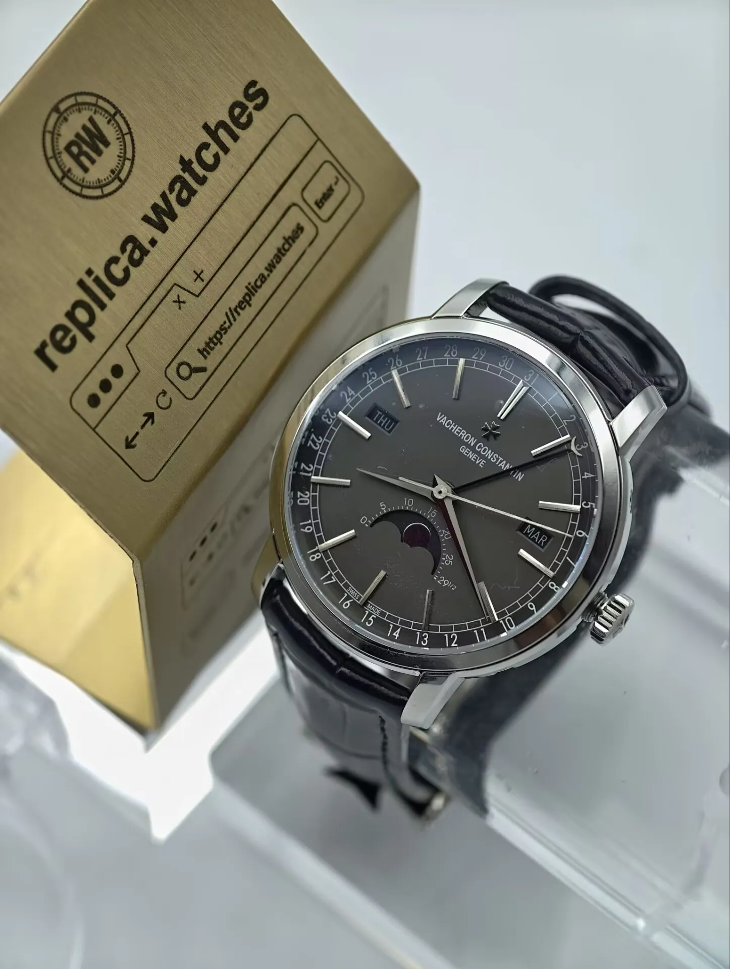 Super Clone Vacheron Constantin Traditionnelle 4010T/000G-B740 41mm Complete Calendar Moon Phase 2460 Movement Grey Dial Leather Strap Watch