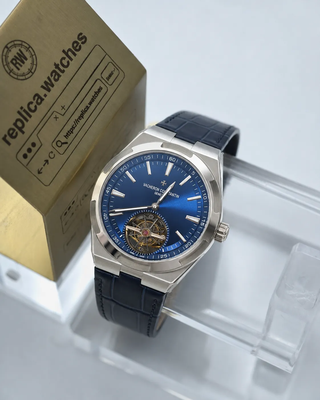 Super Clone Vacheron Constantin 6000V/110A-B544 Blue Dial 42.5mm 6 O'clock Tourbillon Blue Leather Strap Watchs