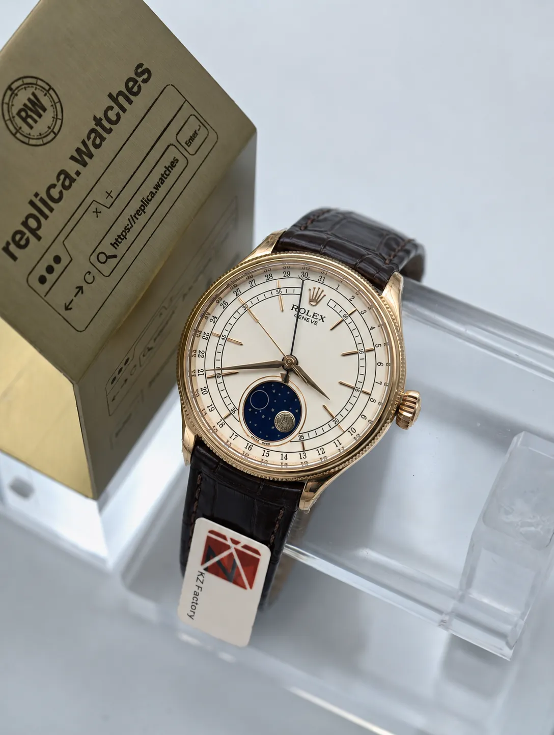 Rolex Cellini 50535-0002 39mm 3195 Movement Moonphase Leather Strap Replica Watch