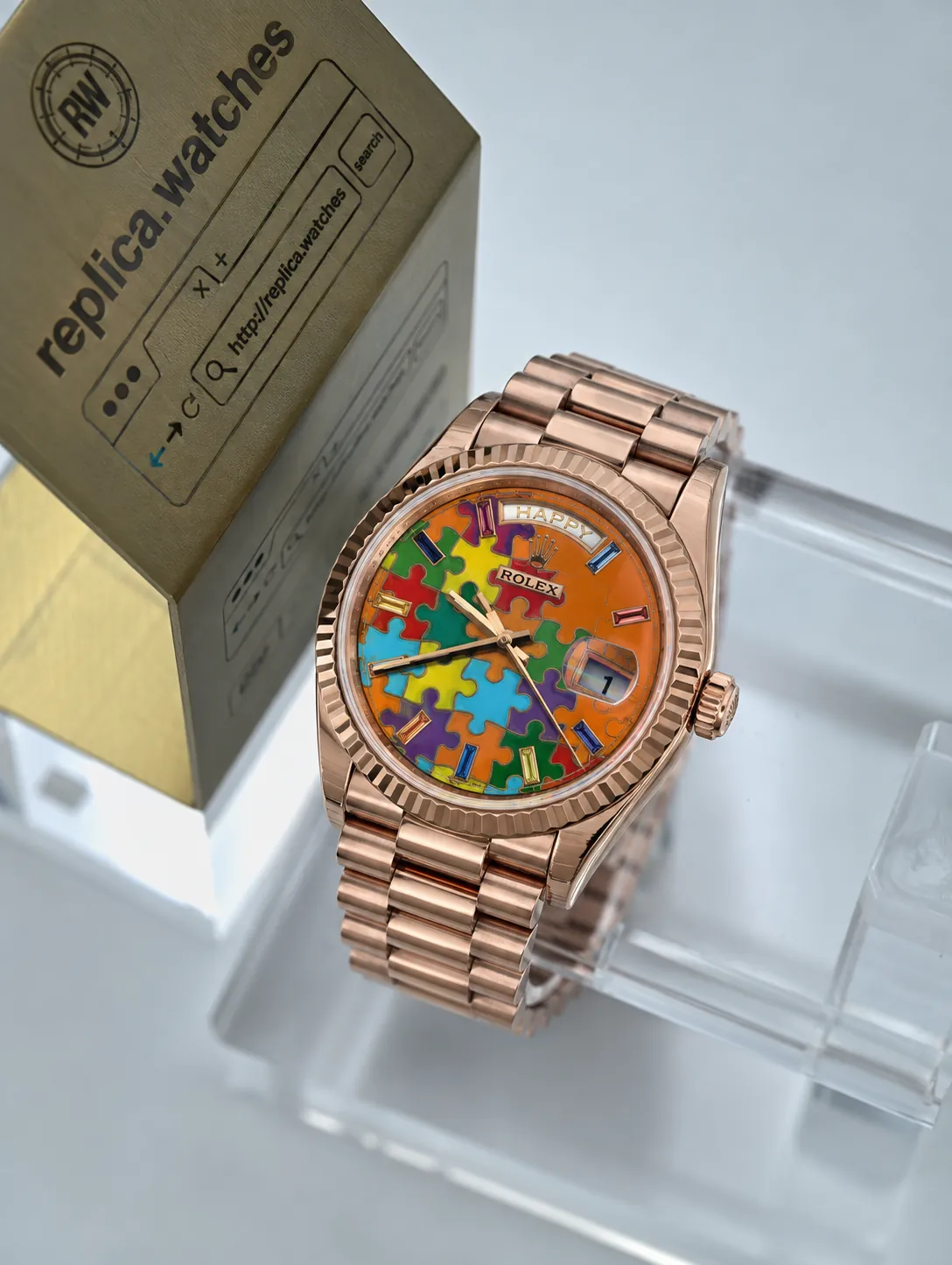 Rolex Day-Date 128235-0063 36mm 3255-Type Automatic Orange Emoji Puzzle Dial Replica Watch
