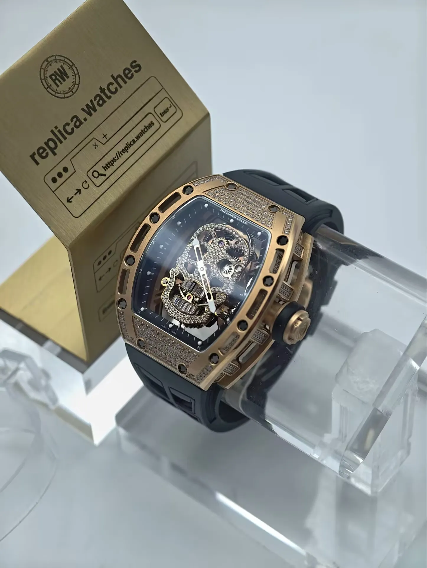 Richard Mille RM 052 Replica Automatic Movement Diamond Skull Rose Gold Watch