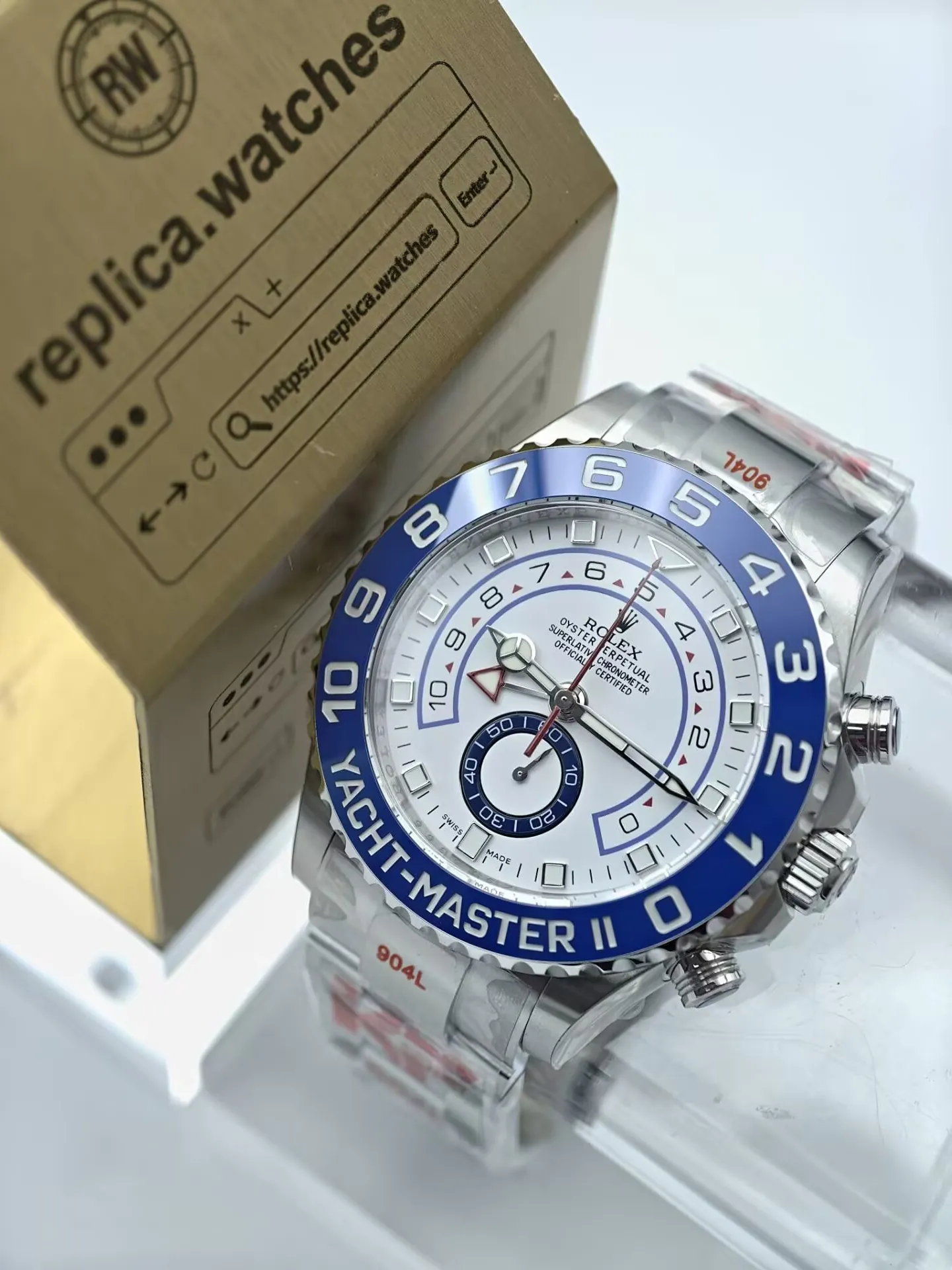 Rolex Yacht-Master II M116680-0002 Super Clone Watch 44mm White Dial 904L Steel Blue Ceramic Bezel