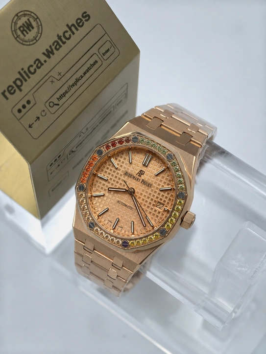 Audemars Piguet Royal Oak 15451OR.YY.1256OR.01 Super Clone Watch 37mm Salmon Dial Rose Gold Diamond-Style Bezel