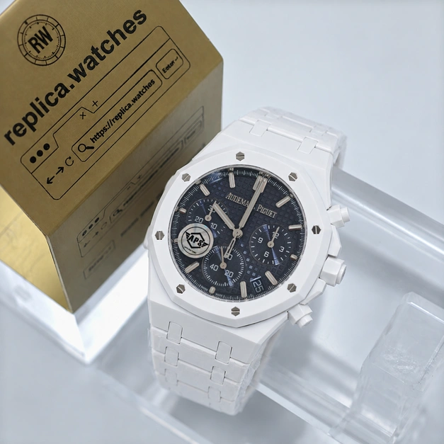 Super Clone Watches 1:1 AP Royal Oak 26240ST White Ceramic Blue Dial 41mm Swiss Movement Chronograph Mens Watch