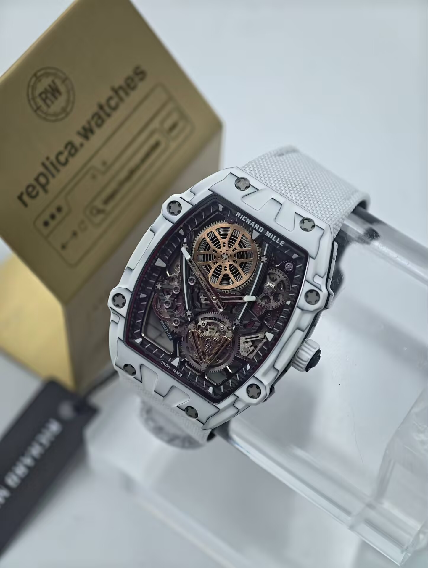 Richard Mille RM 27-05 Automatic Mechanical Movement 37×47mm White Carbon Fiber Nylon Strap Replica Watch