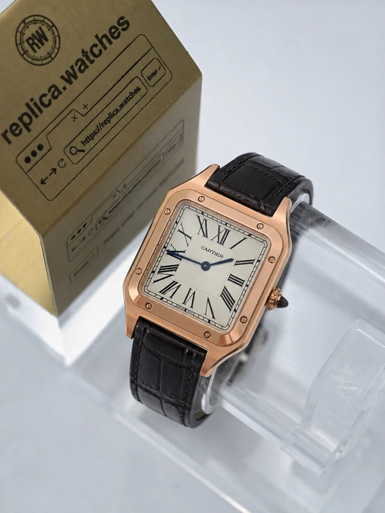Cartier Super Clone Watches Santos Dumont Luxury Rose Gold Silver Dial Leather Strap Quartz Watch WGSA0021