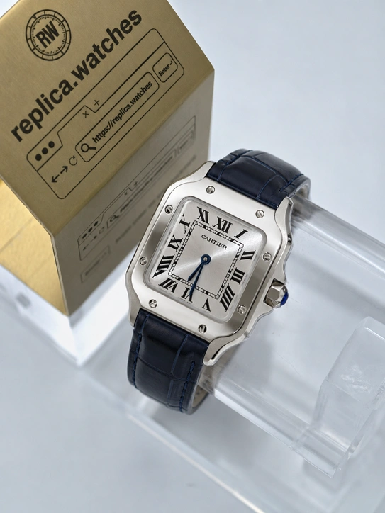 Cartier Super Clone Watches 1:1 Santos-Dumont Silver Dial Navy Blue Leather Strap WSSA0023