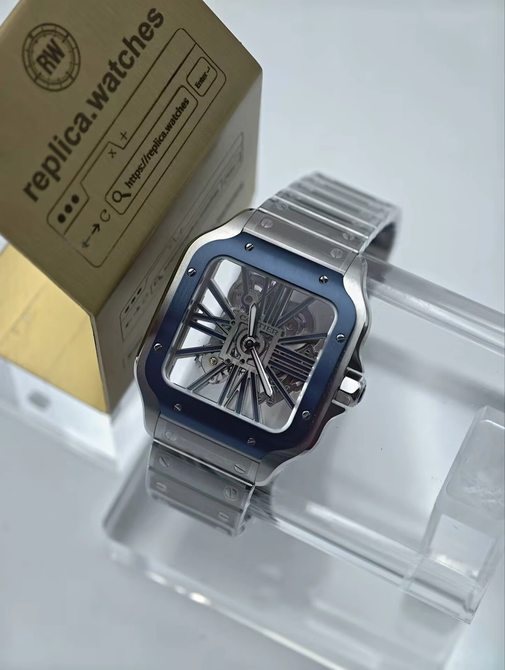 Cartier Super Clone Watches 1:1 Santos Skeleton Blue Bezel Stainless Steel 39.8mm WHSA0026
