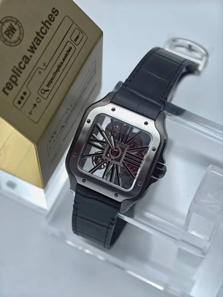Cartier Super Clone Watches 1:1 Santos Skeleton Black ADLC Steel Leather Strap WHSA0027