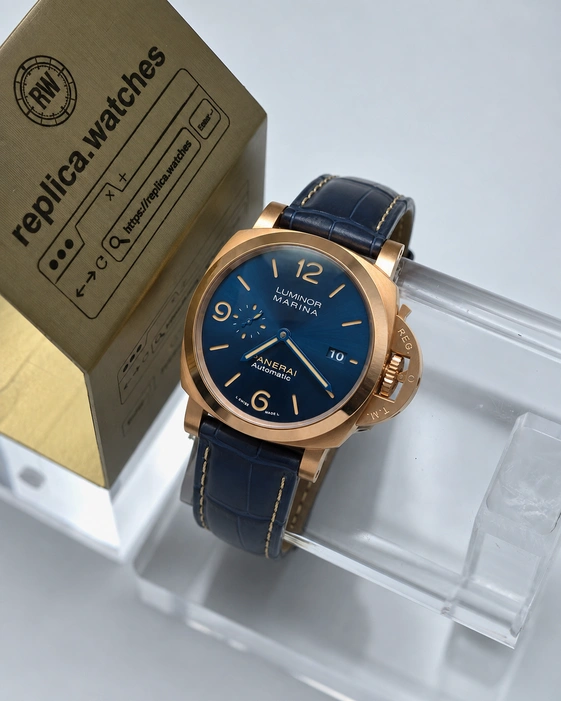 Panerai Super Clone Watches Luminor Marina Goldtech PAM01114 Blue Dial 44mm Rose Gold Automatic Clone
