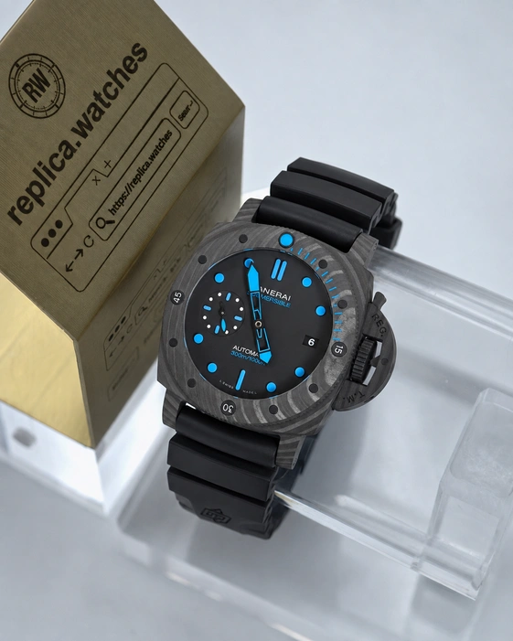 Panerai Super Clone Watches 1:1 Submersible PAM00960 42mm Carbotech Black Dial Blue Accents Rubber Strap