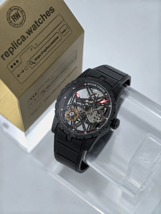Roger Dubuis Super Clone Watches 1:1 Carbon Excalibur Skeleton Flying Tourbillon DBEX0577