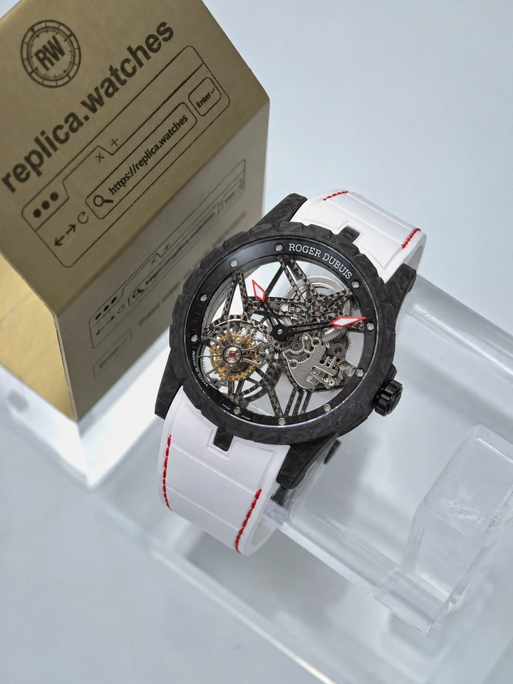 Roger Dubuis Super Clone Watches 1:1 Excalibur RDDBEX0577 Carbon Fiber White Strap