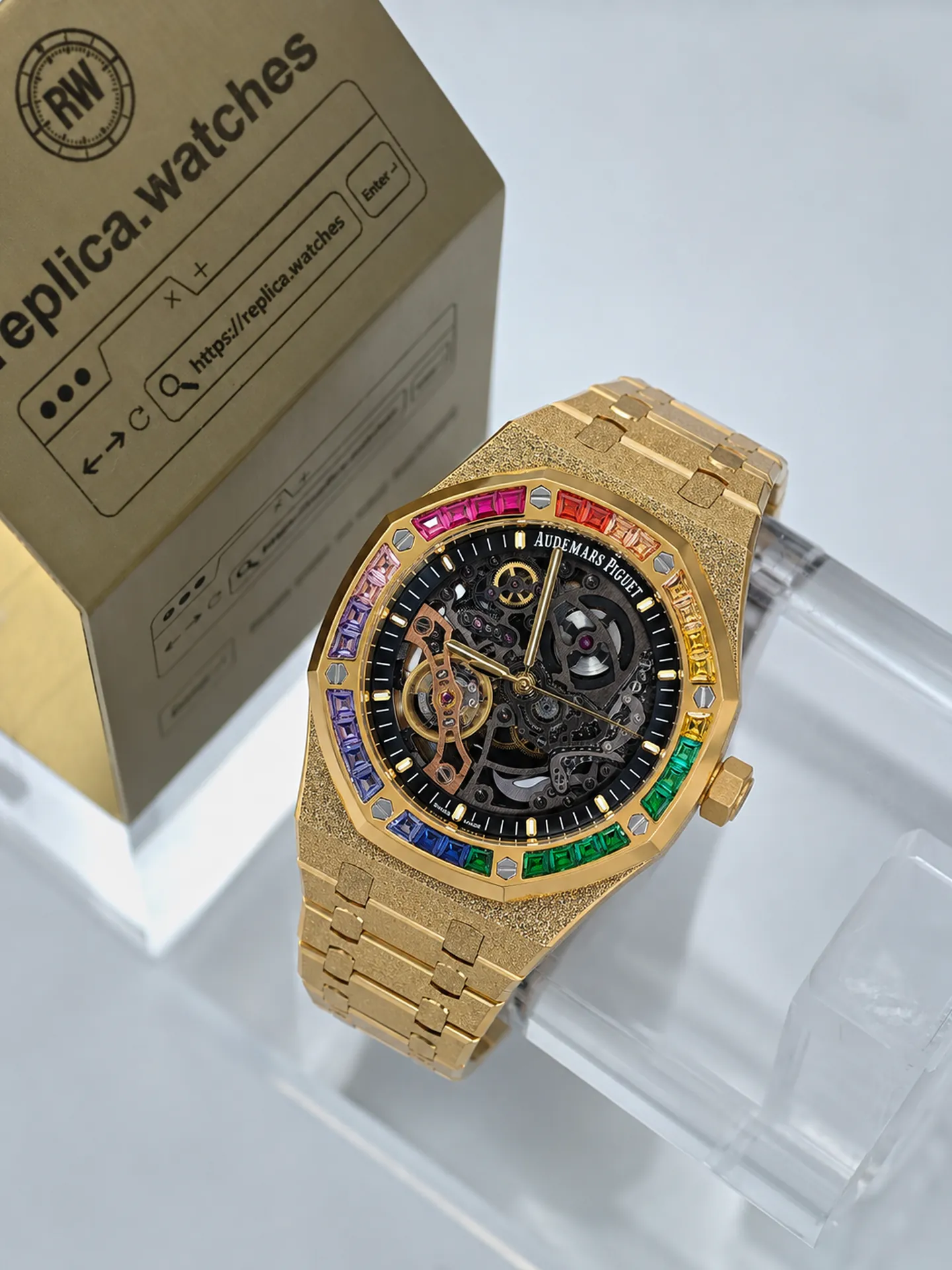 Replica Audemars Piguet Royal Oak 15412BA.YG.1224BA.01 Rainbow Sapphire Skeleton 41mm Yellow Gold Free-Sprung THB Factory Watch