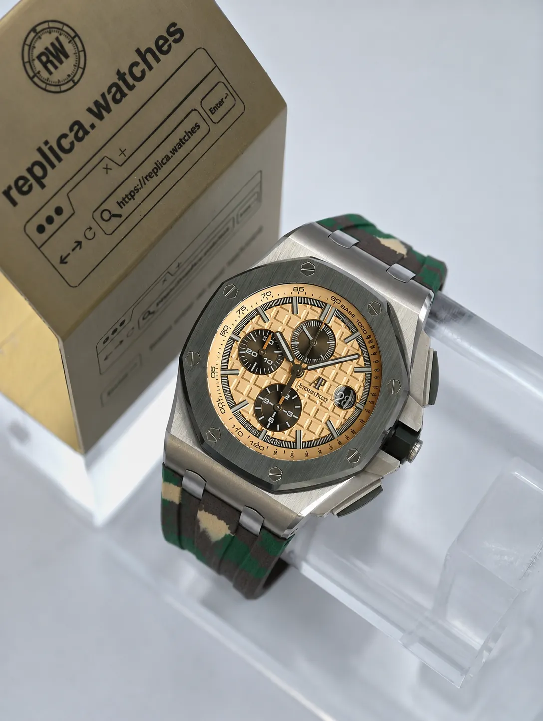 Replica Audemars Piguet Royal Oak Offshore 26400SO 44mm Beige Tapisserie Green Ceramic Camo 3126 Movement Watch
