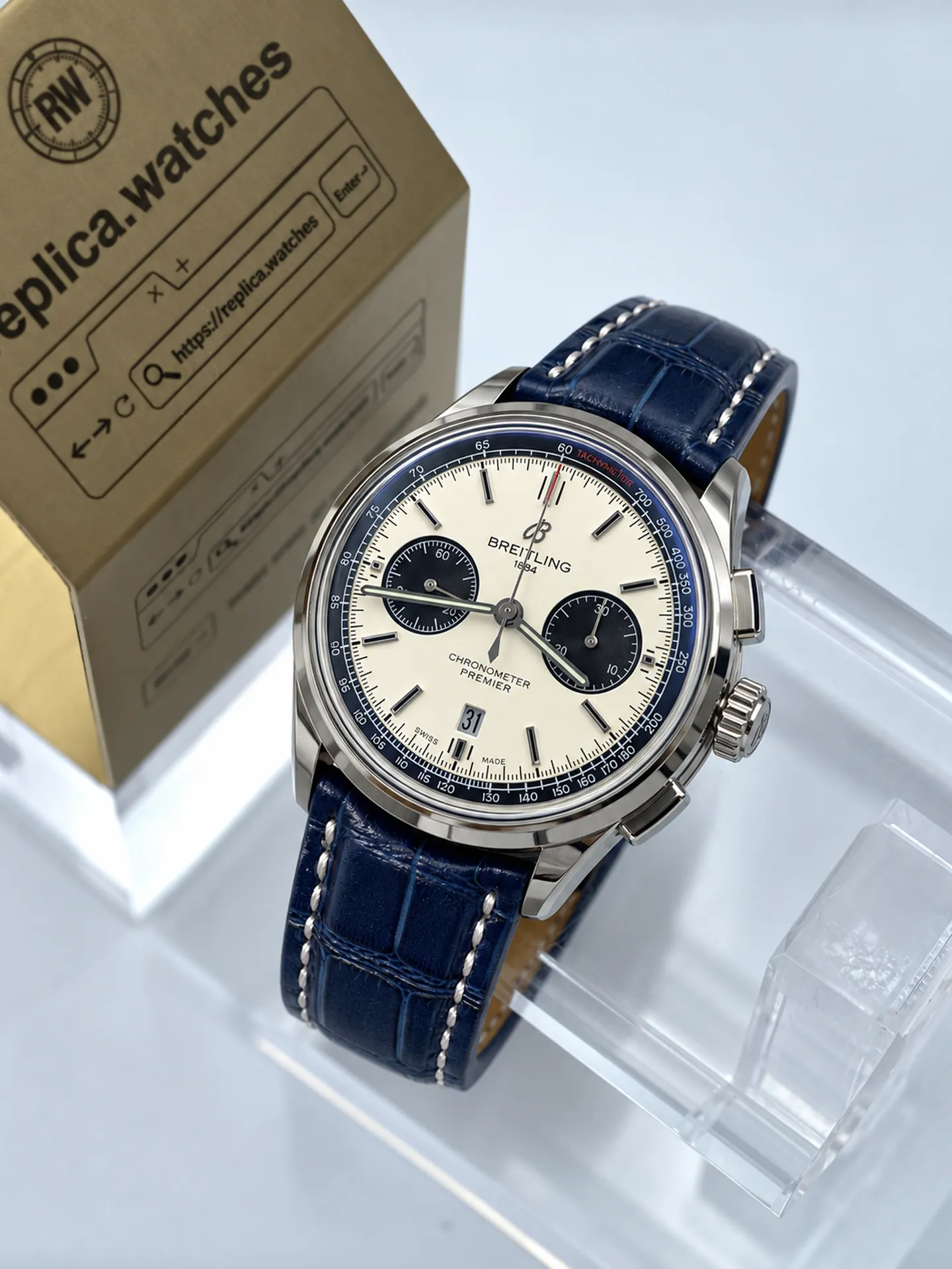 Replica Breitling Premier AB0118221G1P2 Silver Dial 42mm Steel Blue Alligator Strap Watch