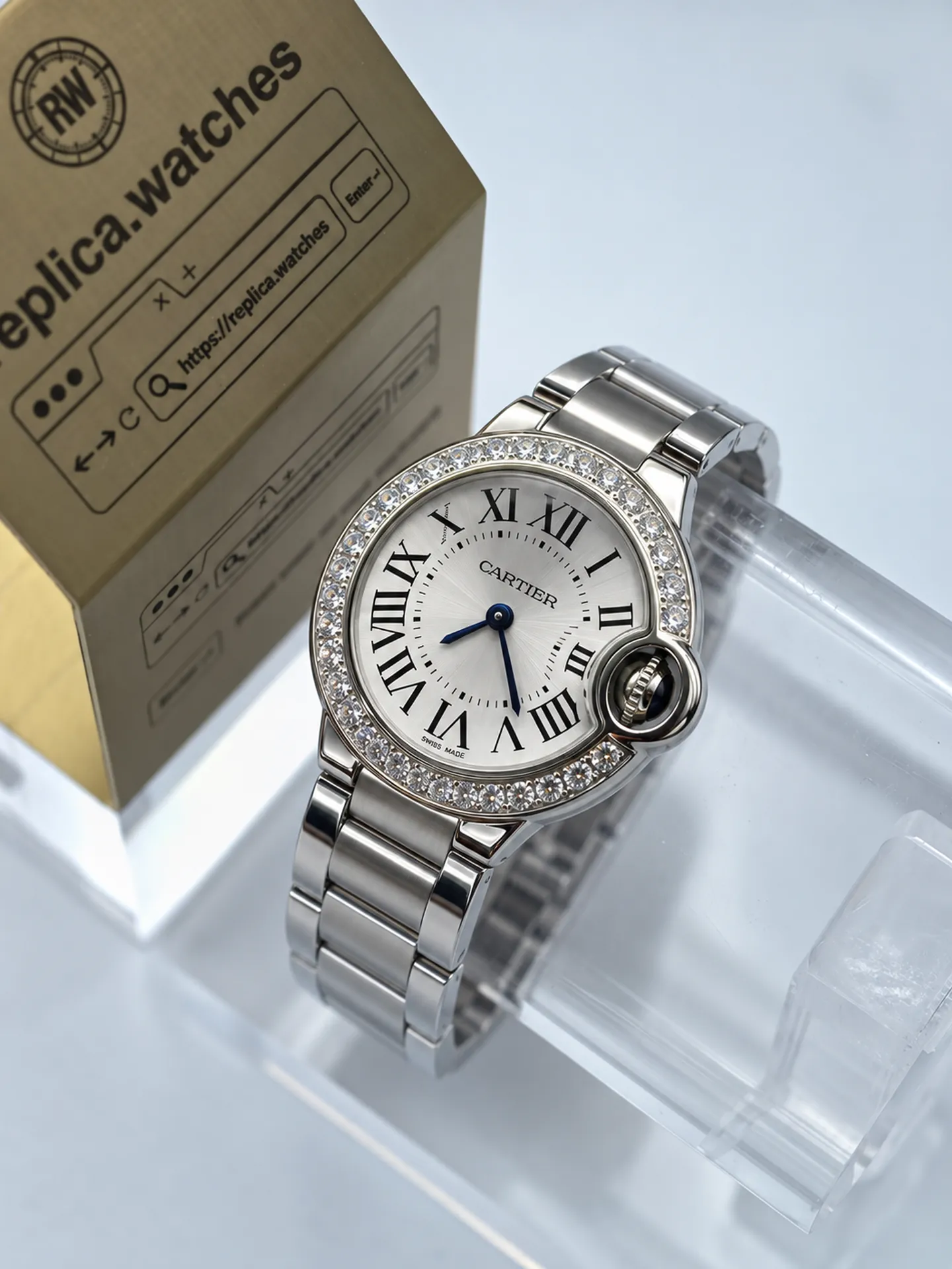 Replica Cartier Ballon Bleu 28 W4BB0015 Silver Diamond Dial Steel Bracelet Watch