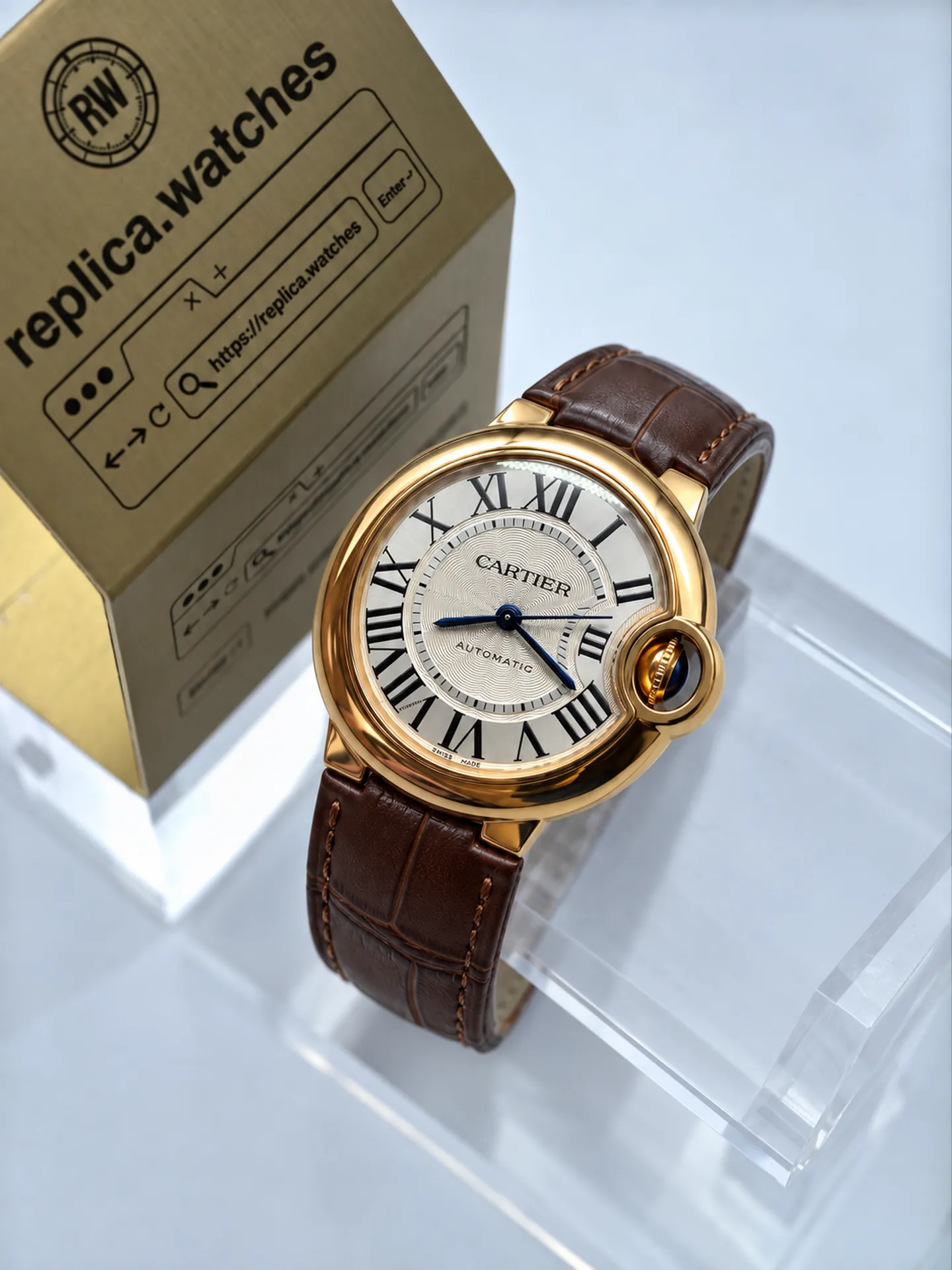 Replica Cartier Ballon Bleu 33mm W6920097 Silver Dial 18K Rose Gold Brown Strap Watch