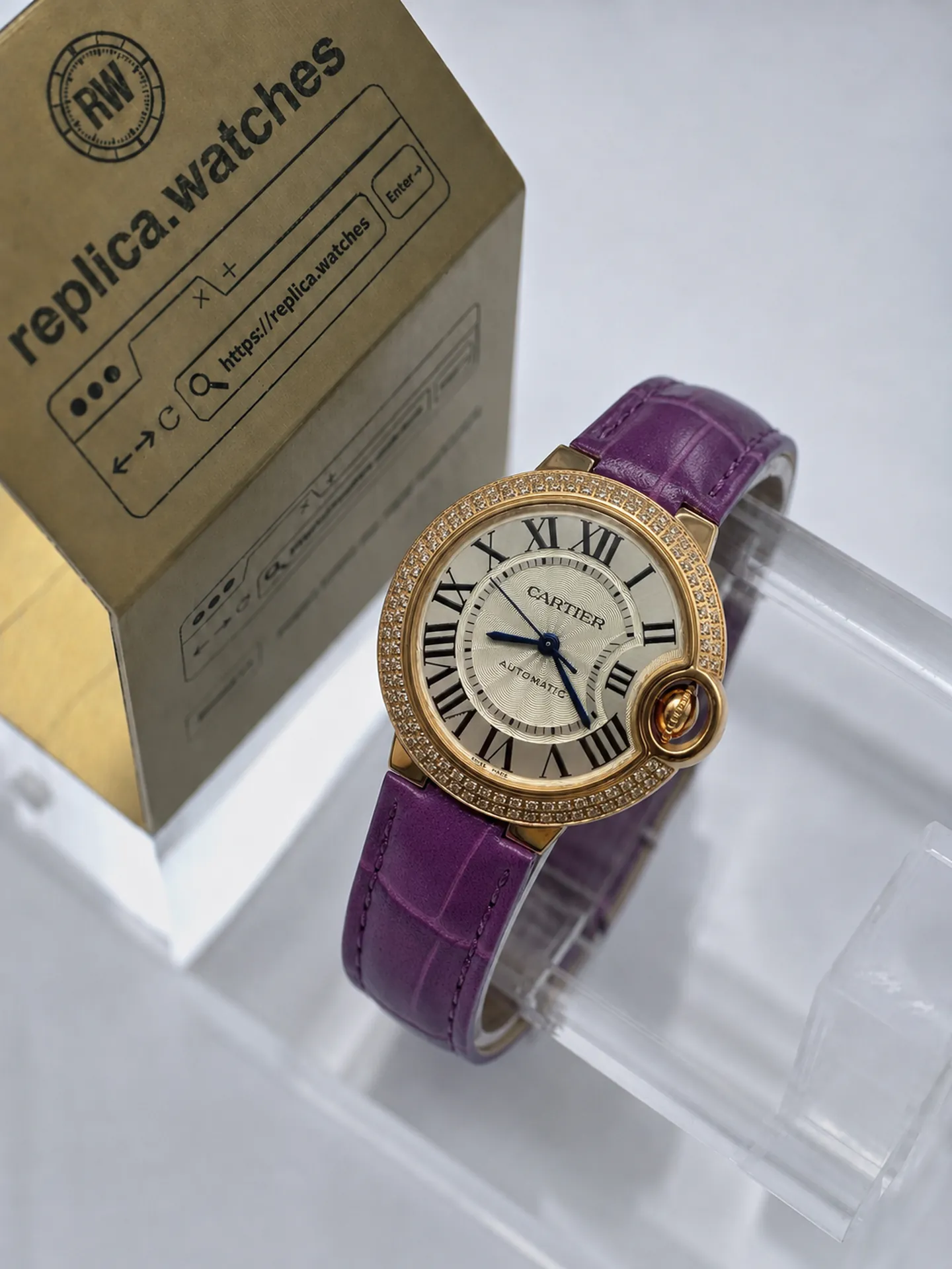 Replica Cartier Ballon Bleu WJBB0051 Silver Dial 33mm Rose Gold Diamond Purple Strap Watch