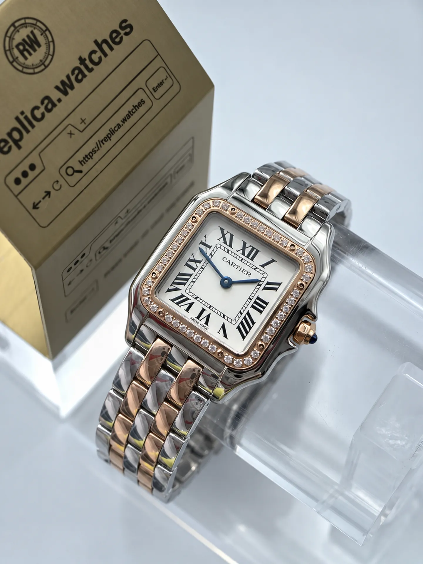 Replica Cartier Panthere W3PN0015 Silver Dial 27mm Steel Rose Gold Diamond Bezel Watch