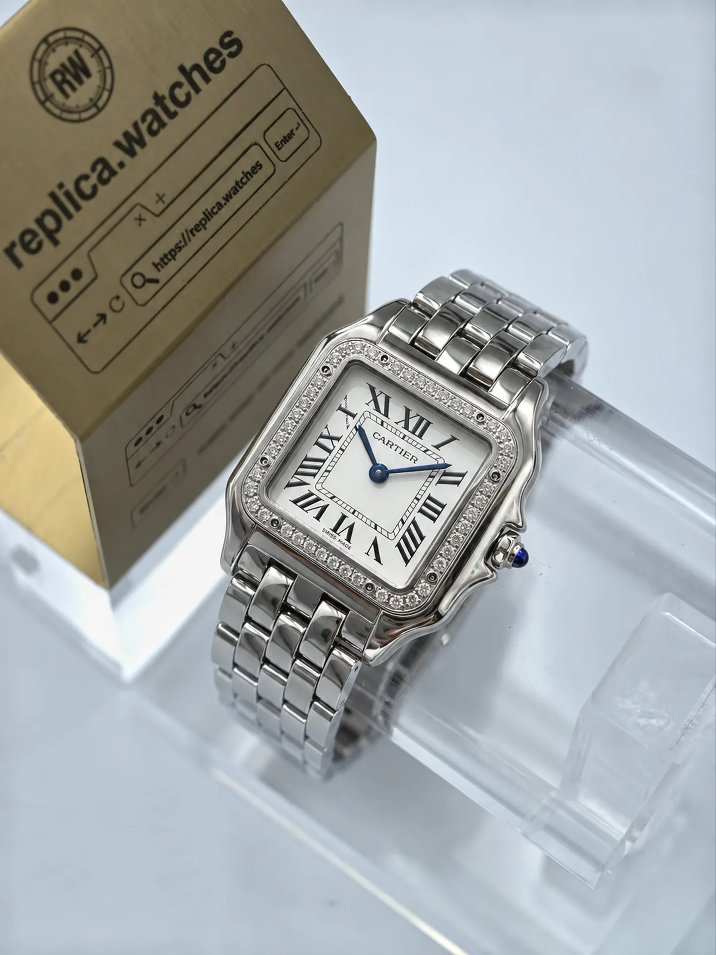 Replica Cartier Panthere W4PN0008 Silver Dial 27mm Steel Diamond Bezel Watch