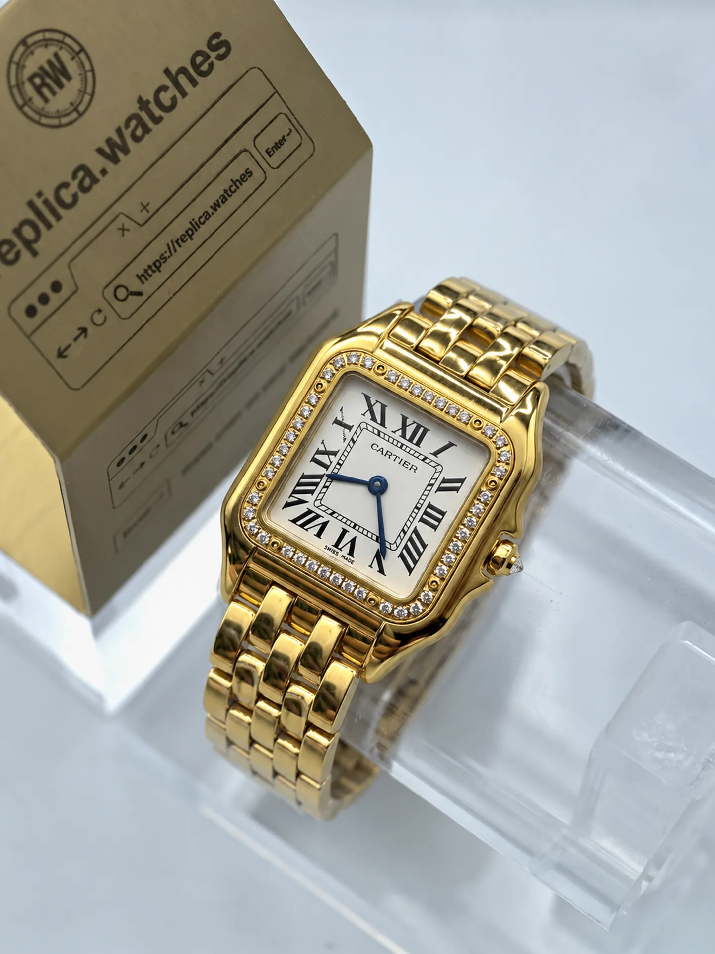Replica Cartier Panthere WJPN0016 Silver Dial 27mm Yellow Gold Diamond Bezel Watch