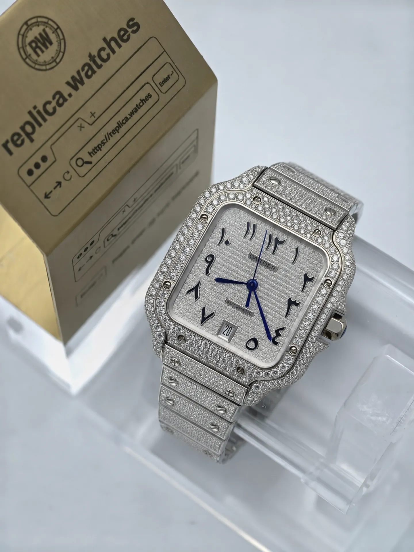 Replica Cartier Santos WSSA0018 Full Diamond Arabic Dial 39.8mm Steel Watch