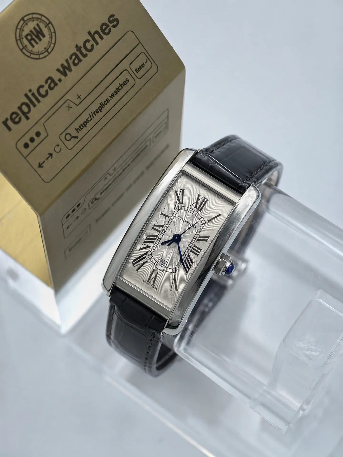 Replica Cartier Tank Americaine WSTA0017 Silver Dial 45mm Steel Black Strap Watch
