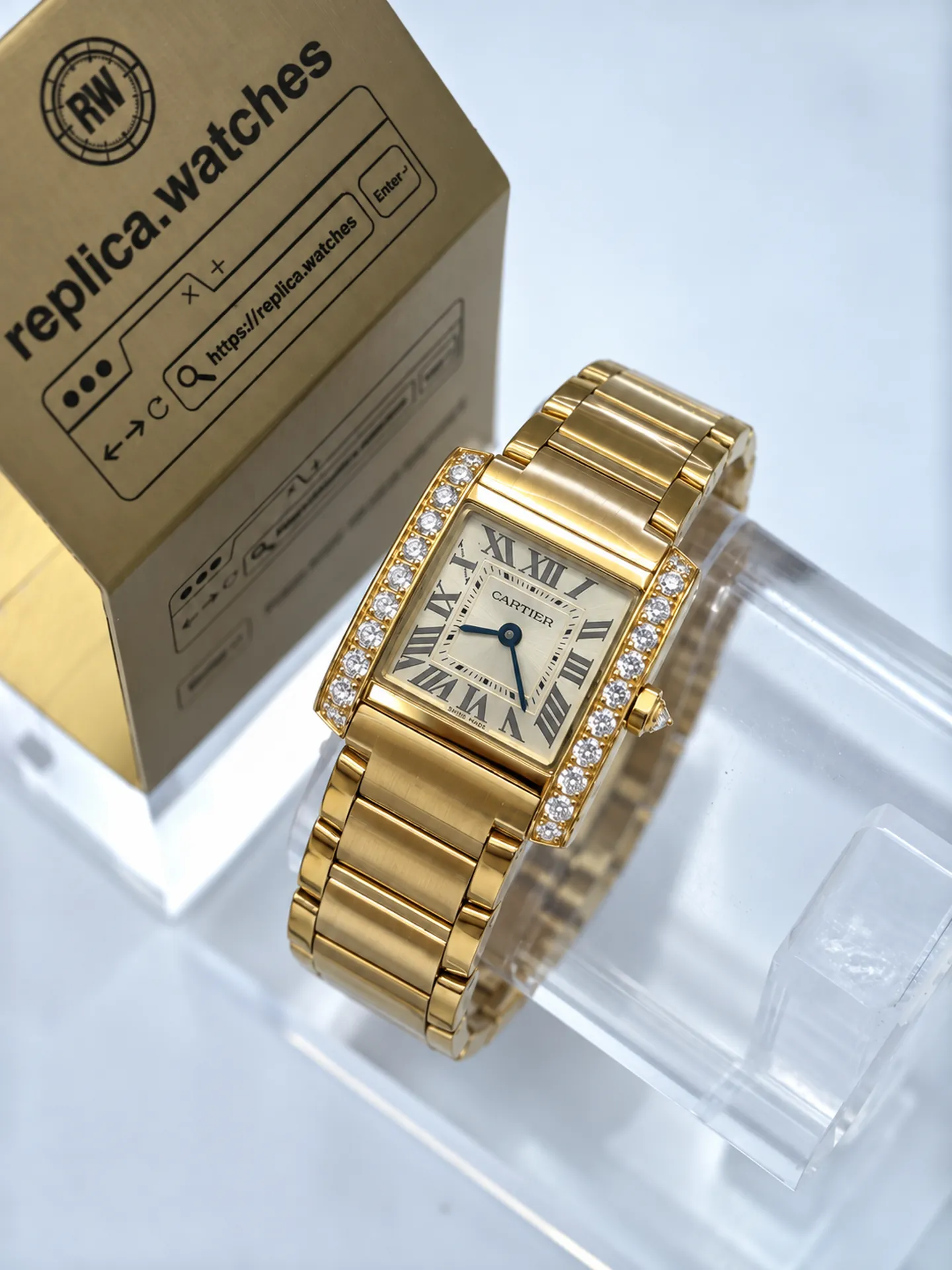 Replica Cartier Tank Francaise WJTA0062 Gold Dial 25mm Yellow Gold Diamond Bezel Watch