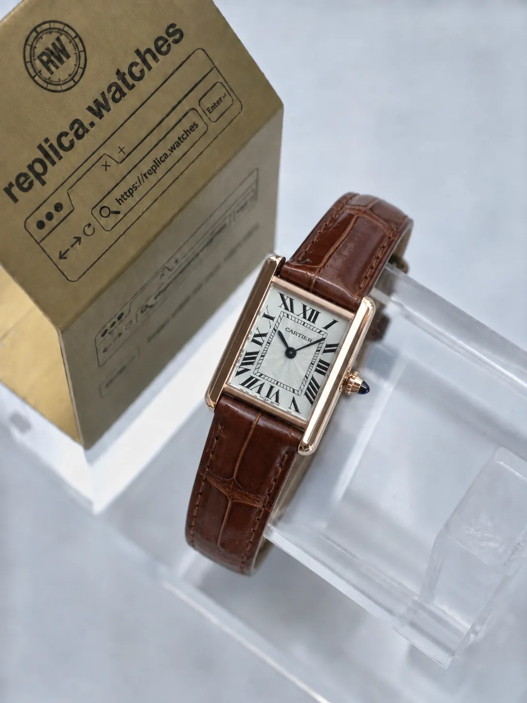 Replica Cartier Tank Louis Cartier W1529856 29.5×22mm Rose Gold Guilloche Dial Brown Croc Leather Quartz Watch