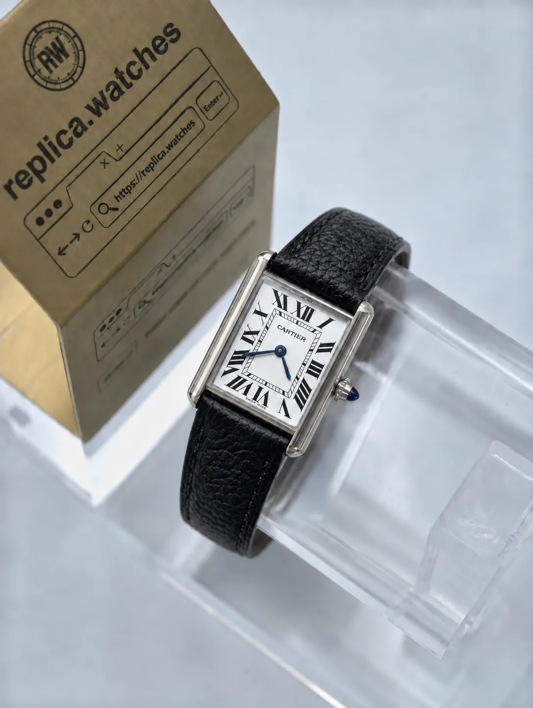 Replica Cartier Tank Must WSTA0135 29.5 × 22mm Classic Square Blue Crown Quartz Leather Strap AF Watch