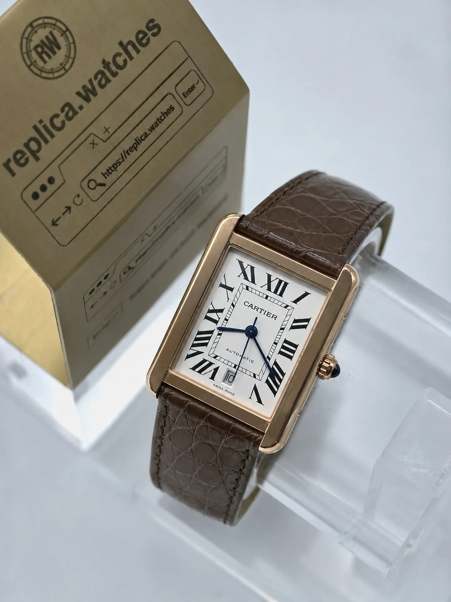 Replica Cartier Tank Solo W5200026 Silver Roman Dial 31mm Rose Gold Brown Strap Watch