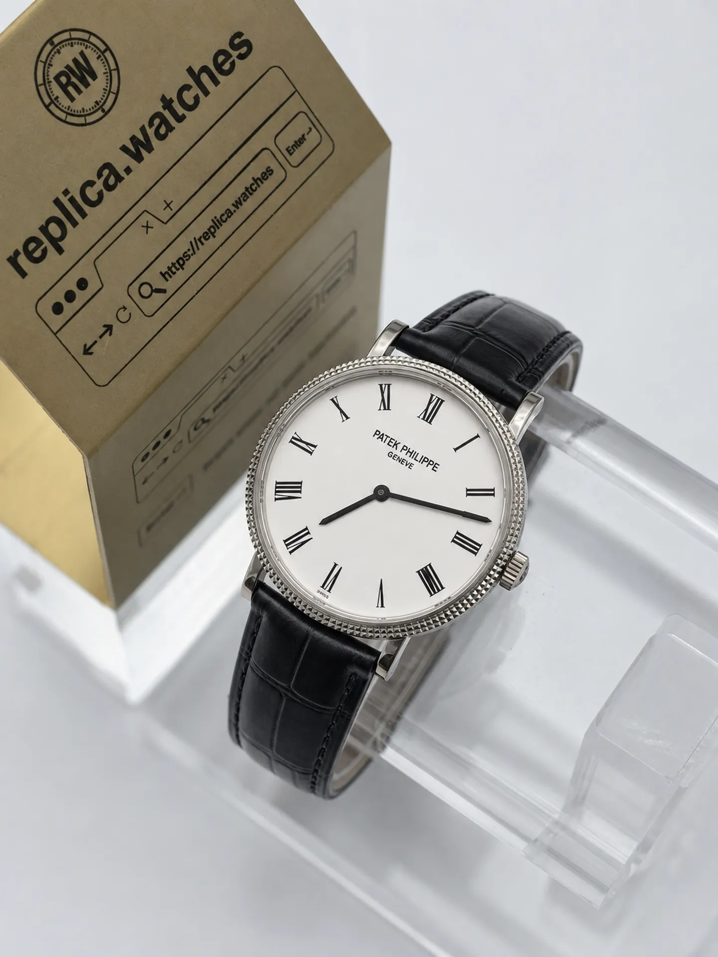 Replica Patek Philippe Calatrava 5120G-001 White Roman Dial 35mm White Gold Black Strap Watch