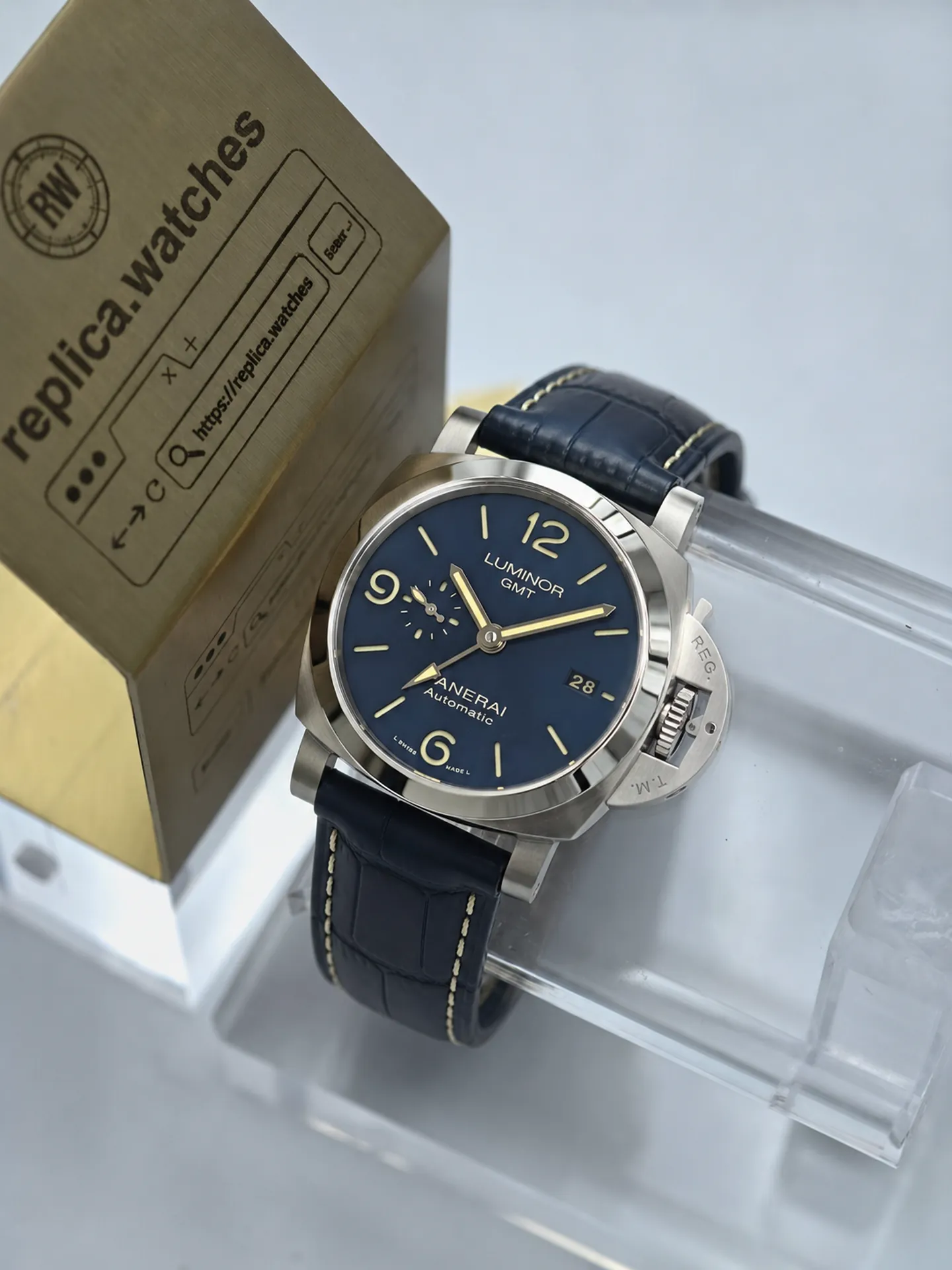 Replica Panerai Luminor 1950 PAM01033 Blue Sunray Dial GMT 44mm Steel Automatic Watch