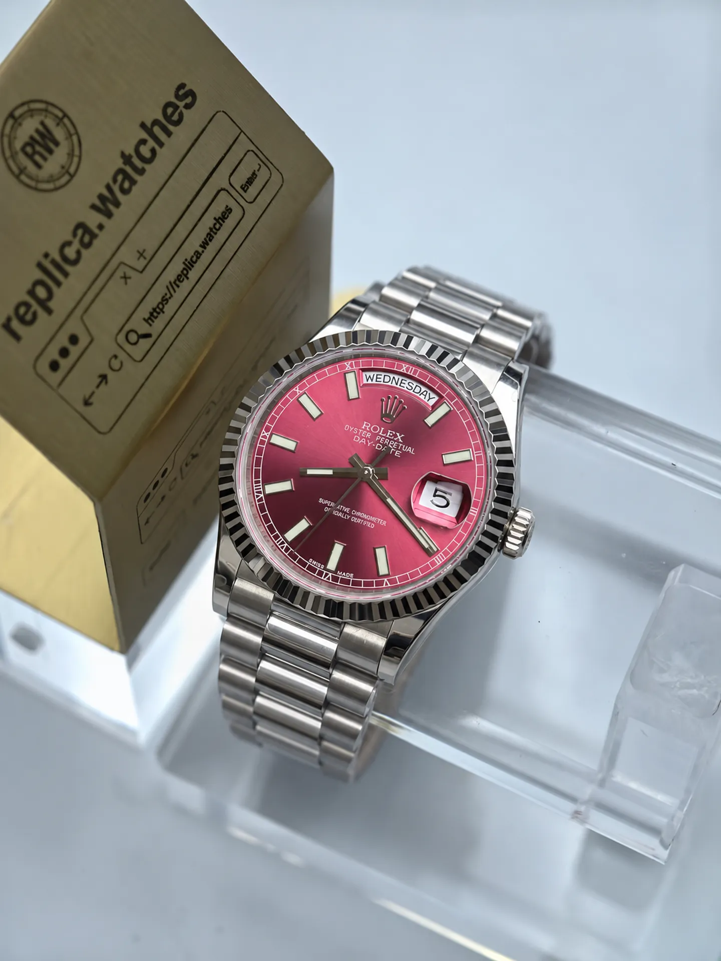 Replica Rolex Day-Date 36 M118239-0288 Cherry Red Dial 36mm White Gold Watch