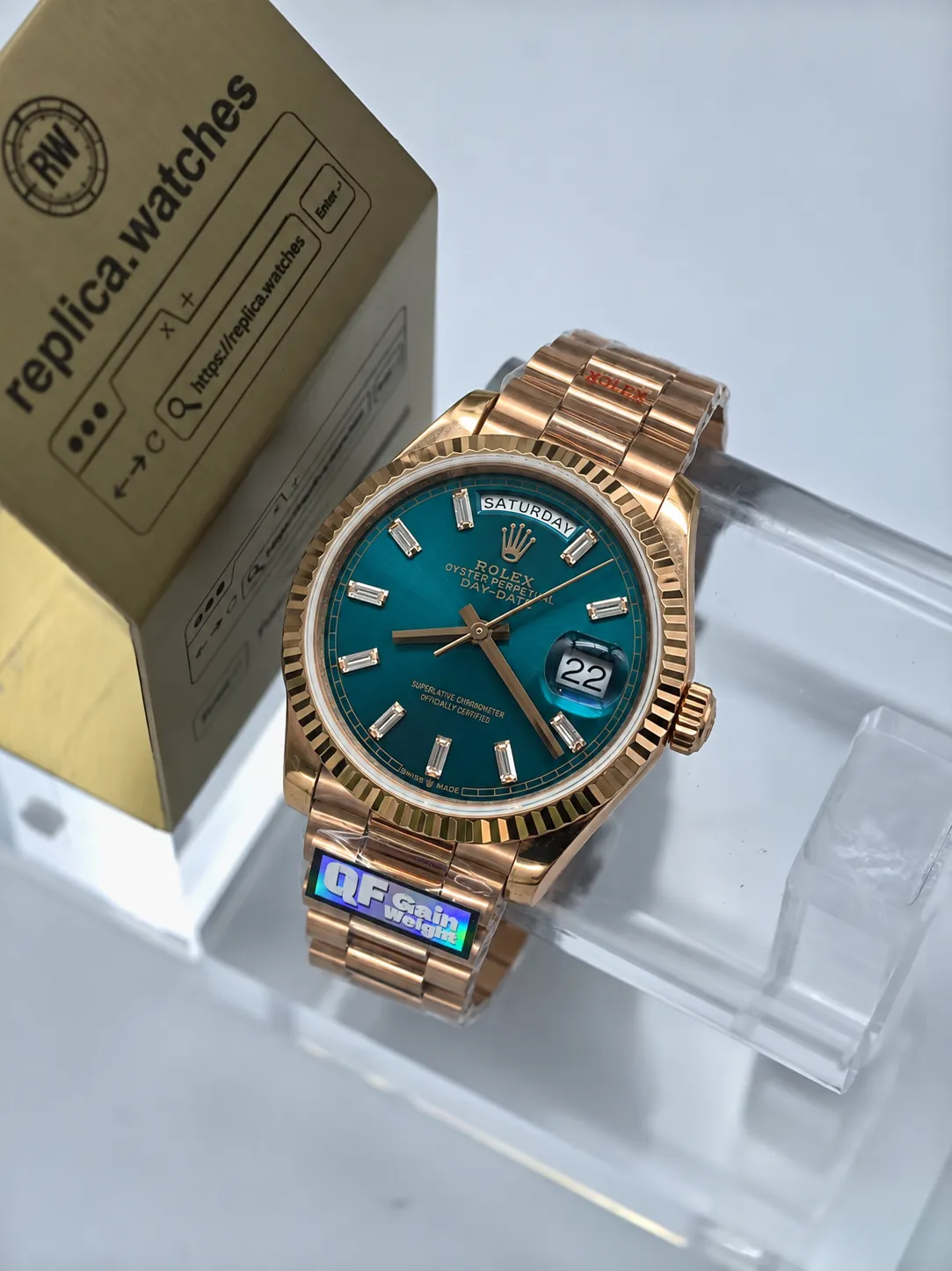 Super Clone Rolex Day‑Date M128235‑0085 36mm Teal Sunburst Diamond Dial Rose Gold President Bracelet Heavy‑Weight Watch