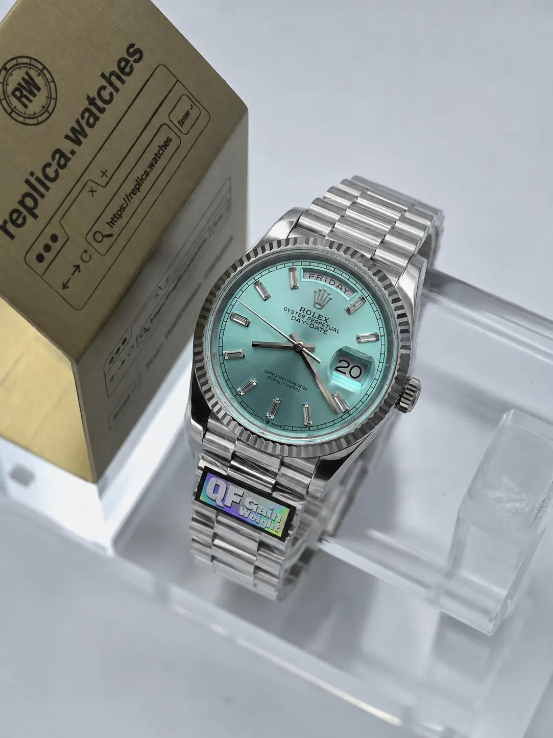 Super Clone Rolex Day‑Date 36mm M128236‑0009 Ice‑Blue Baguette Diamond Dial 3255 Movement Q Factory Heavy Watch