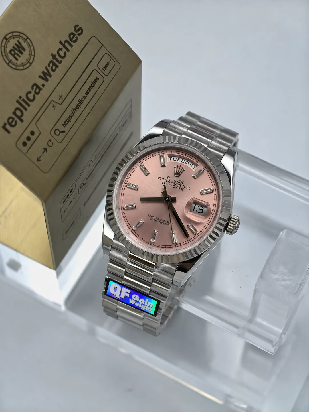Super Clone Rolex Day‑Date 36mm M128239‑0071 Pink Baguette Diamond Dial 3255 Movement Q Factory Heavy‑Weight Watch