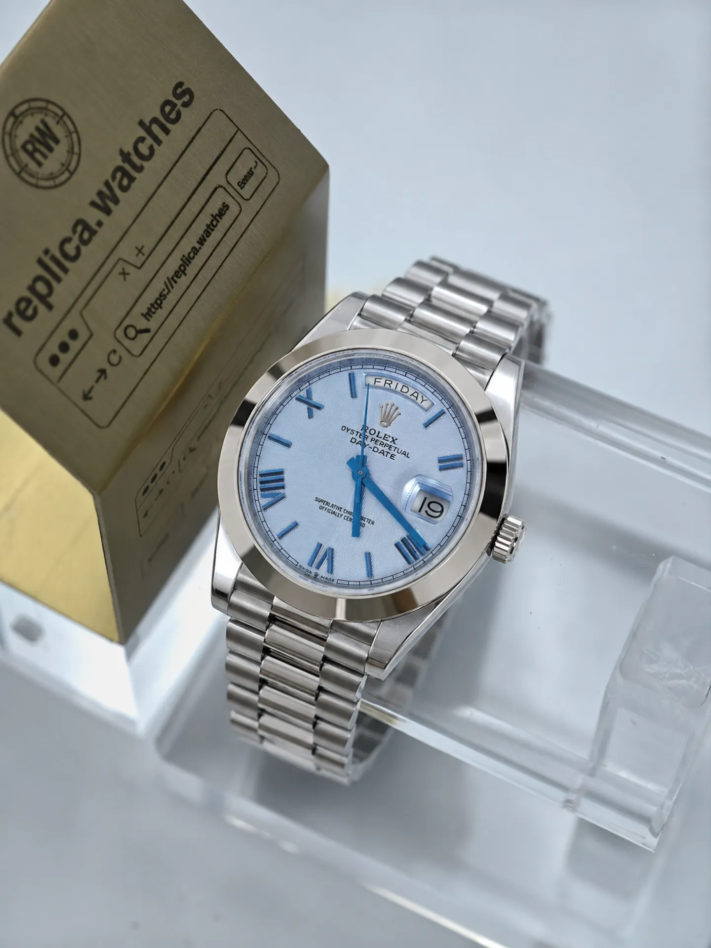 Replica Rolex Day-Date 40 M228206-0044 Ice Blue Quadrant Dial 950 Platinum President Q Factory Watch