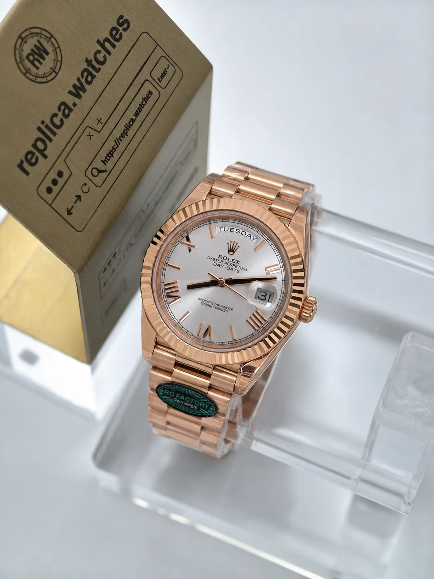 Replica Rolex Day-Date 40 M228235-0001 White Roman Dial 40mm Everose Gold Heavy Version RC Factory Watch