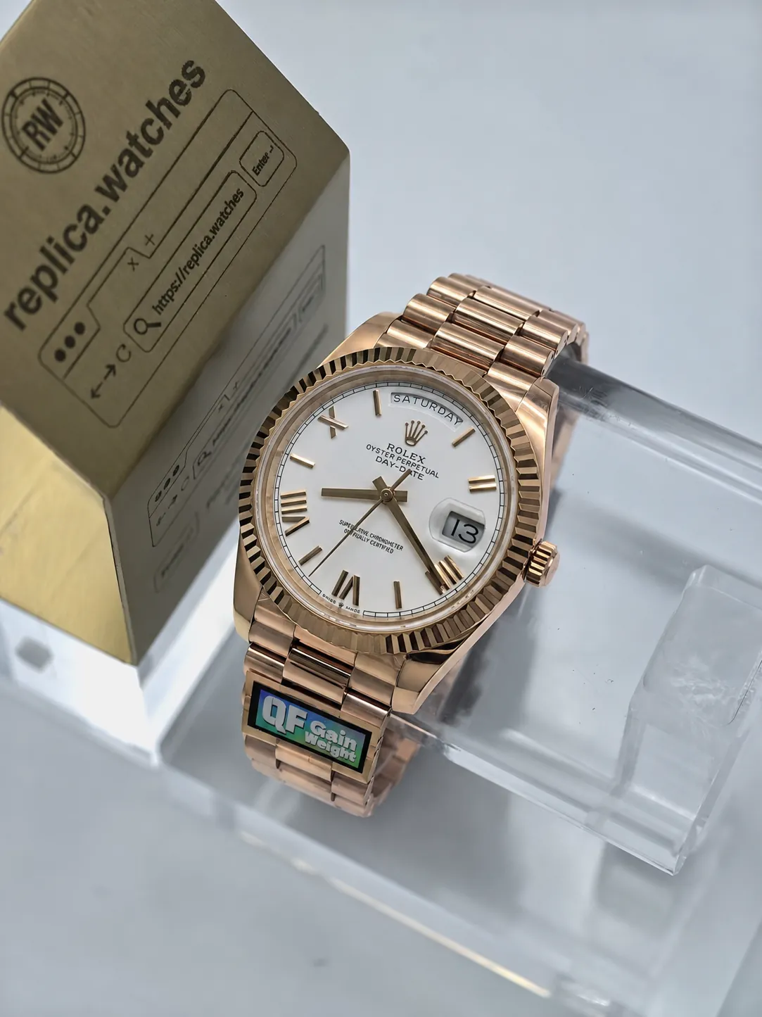 Super Clone Rolex Day-Date 40mm M228235-0032 White Roman Dial 3255 Movement Full Rose Gold Q Factory
