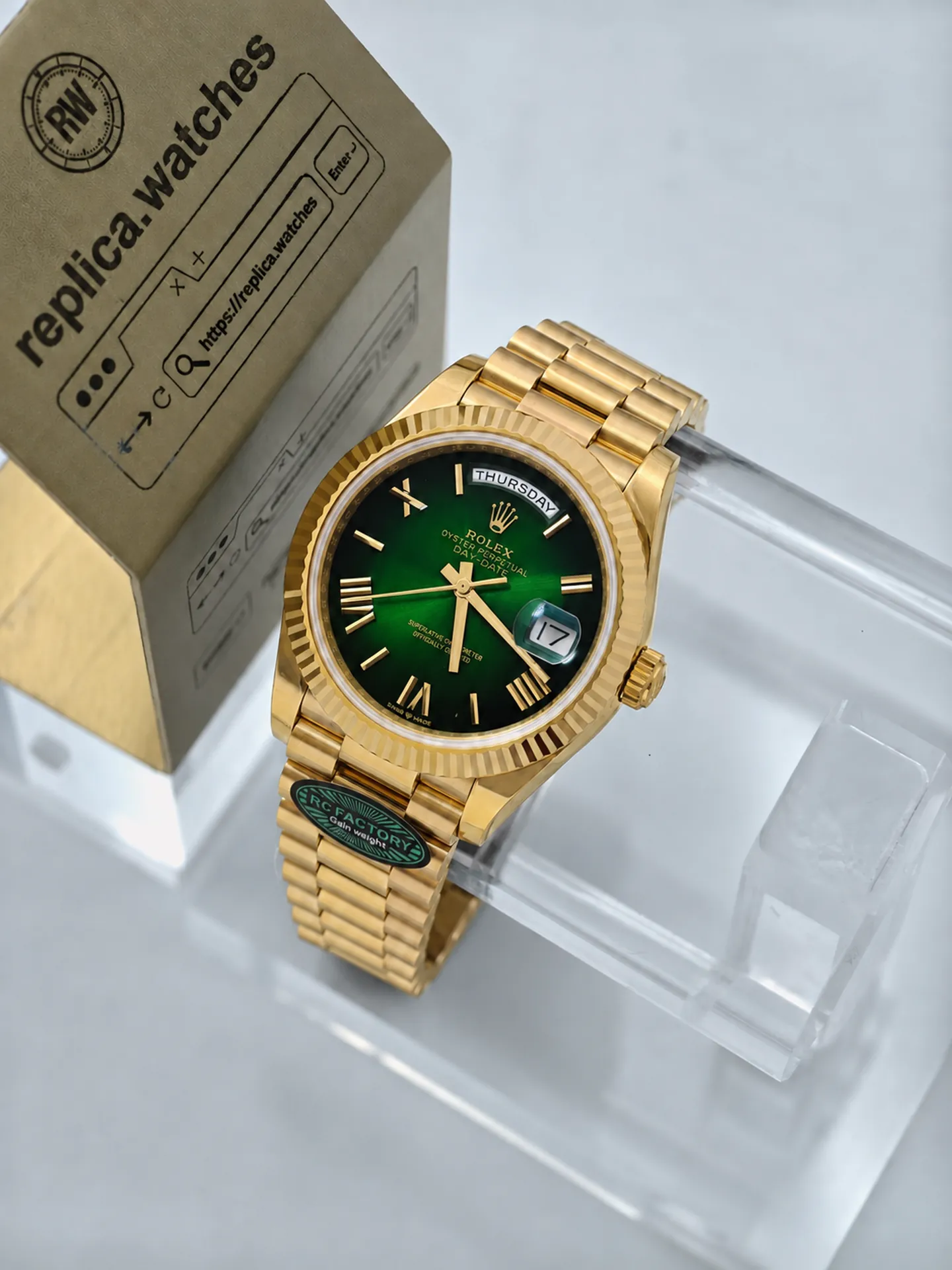 Replica Rolex Day-Date 40 M228238-0069 Green Ombré Dial 40mm Yellow Gold Heavy Version RC Factory Watch