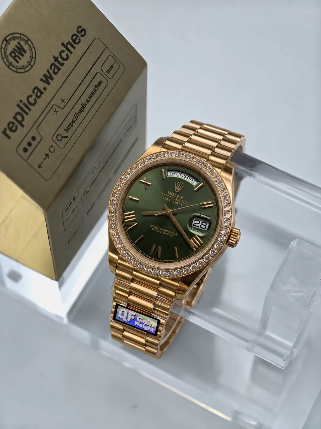 Super Clone Rolex Day‑Date M228345RBR‑0011 40mm Olive Green Dial 3255 Diamond Bezel Q Factory Watch
