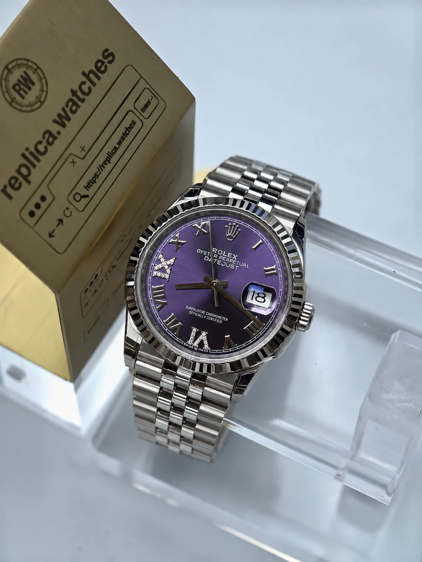 Replica Rolex Datejust M126234-0063 Purple Roman Diamond Dial 36mm Jubilee Watch