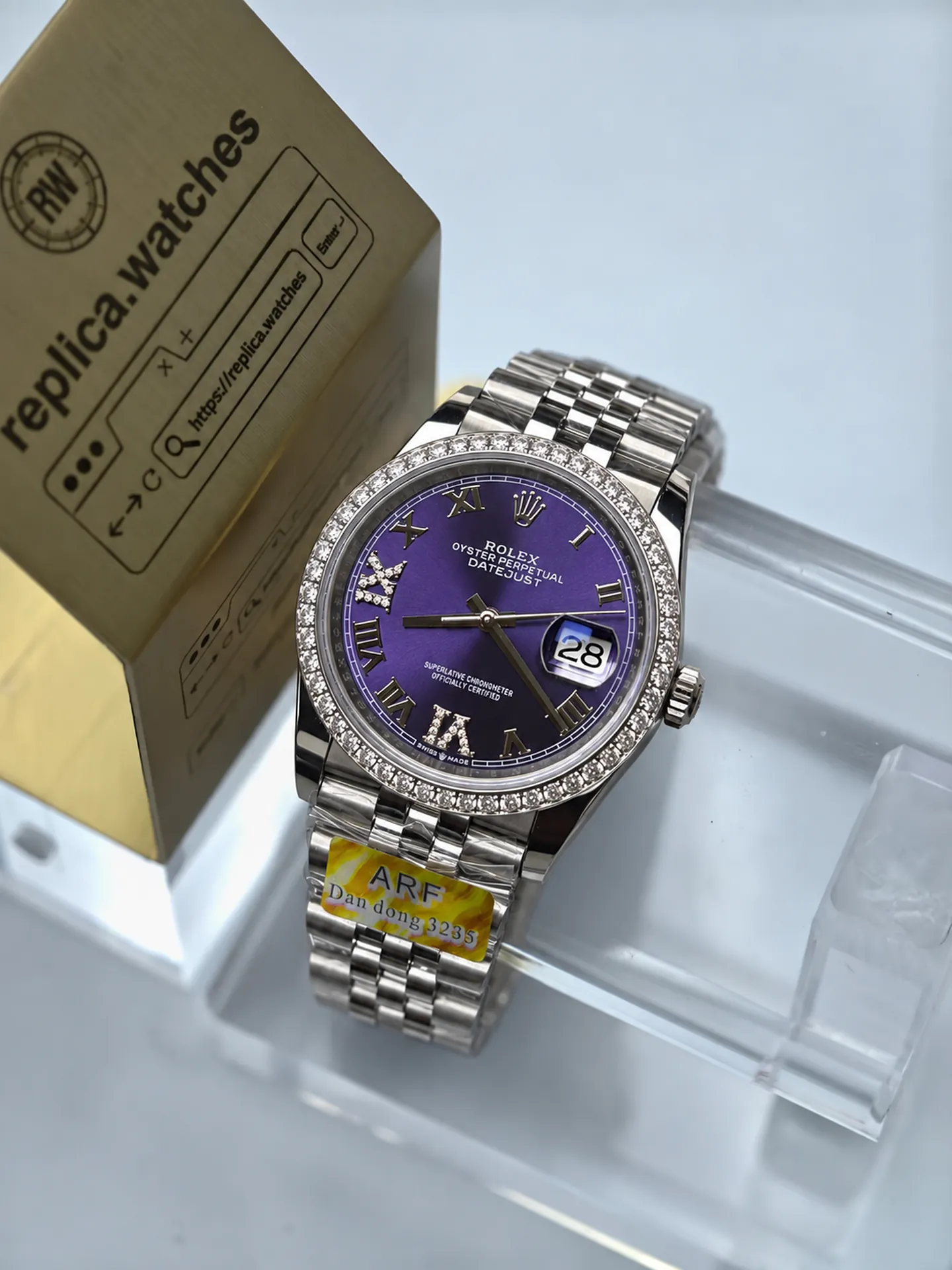 Replica Rolex Datejust M126284RBR-0013 Purple Roman Diamond Dial 36mm Jubilee Watch