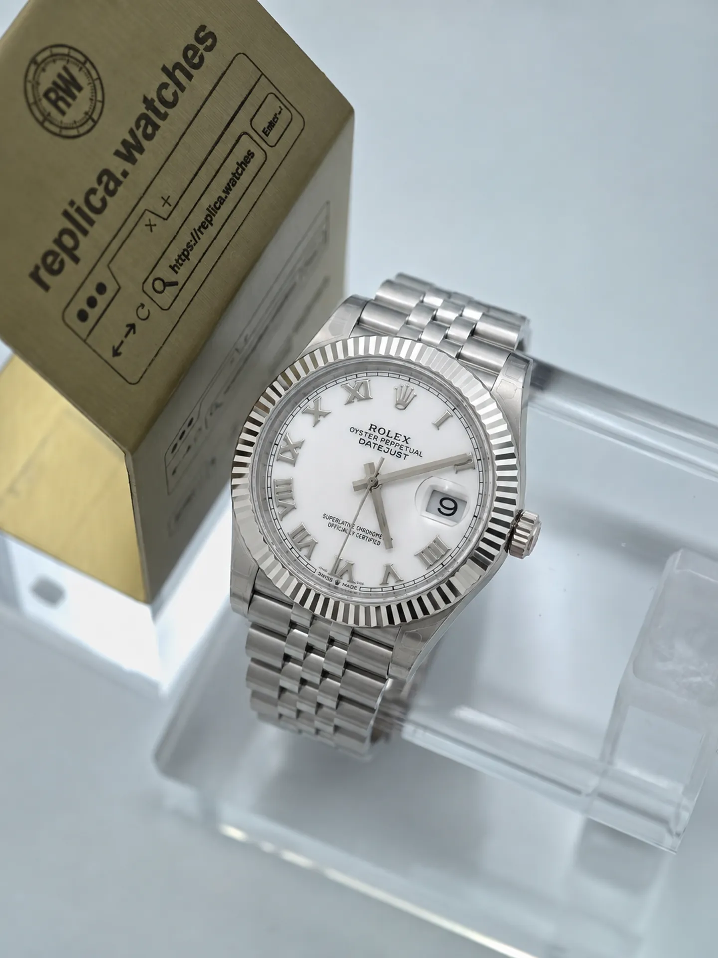 Replica Rolex Datejust 41 M126334-0036 White Roman Dial 41mm White Gold Steel Fluted Bezel Jubilee Watch